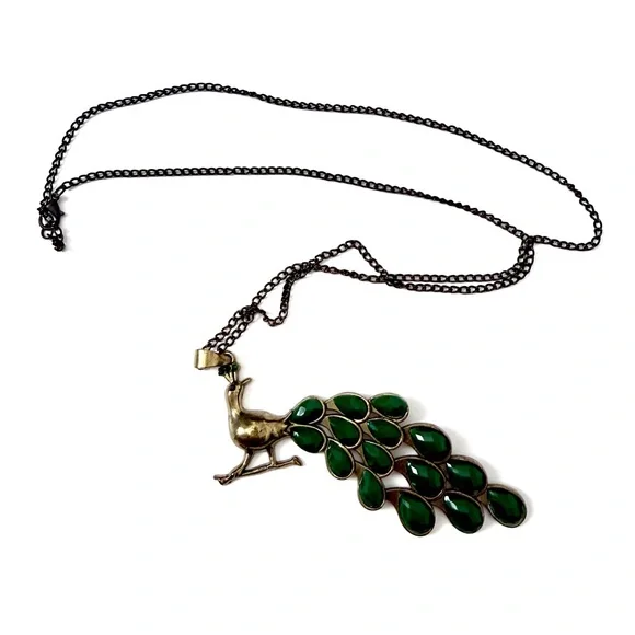 Oversized Peacock Pendant Necklace Green Stone Antique Brass Boho - Picture 2 of 5